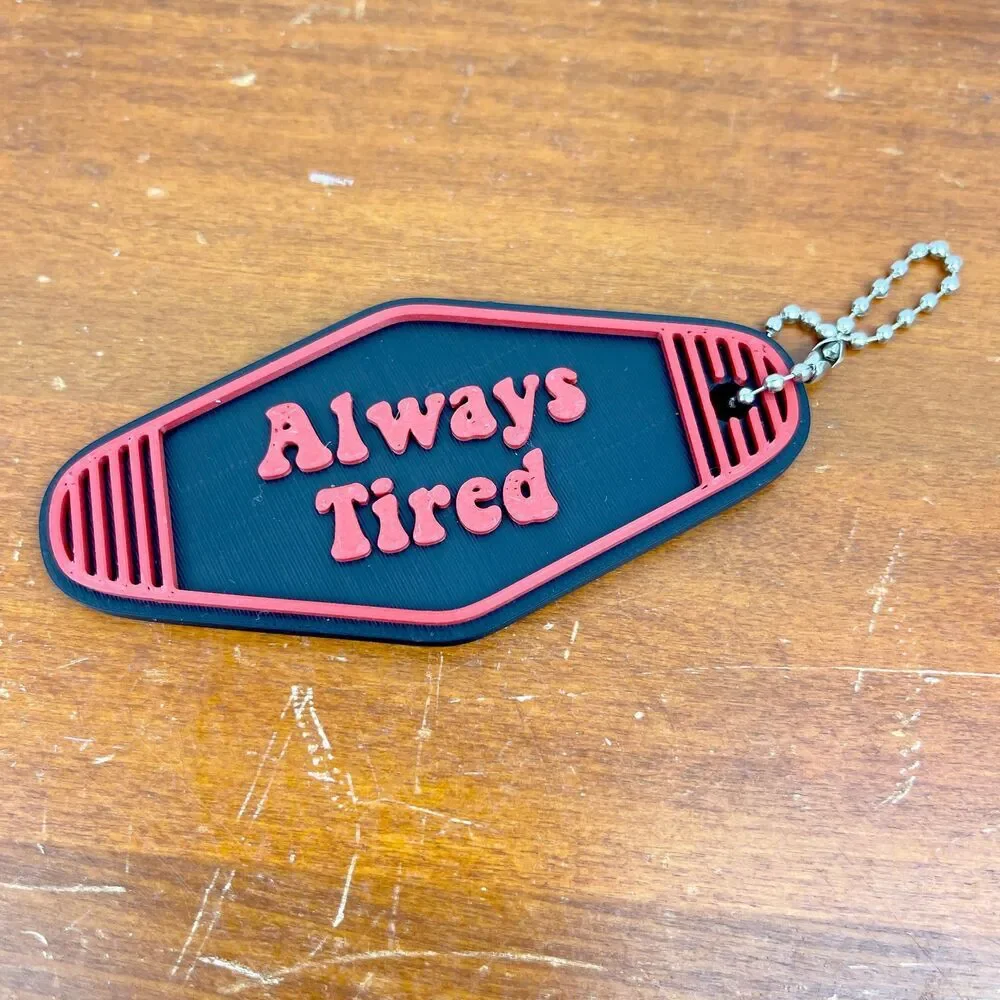 Retro Motel Keychain, Always Tired, Ballchain Keychain, Red and Black